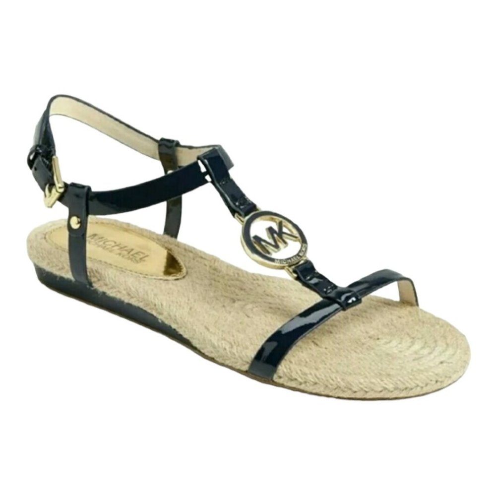 Michael Michael Kors Black Patent Leather Hope Espadrille Flats Sandals Size 9